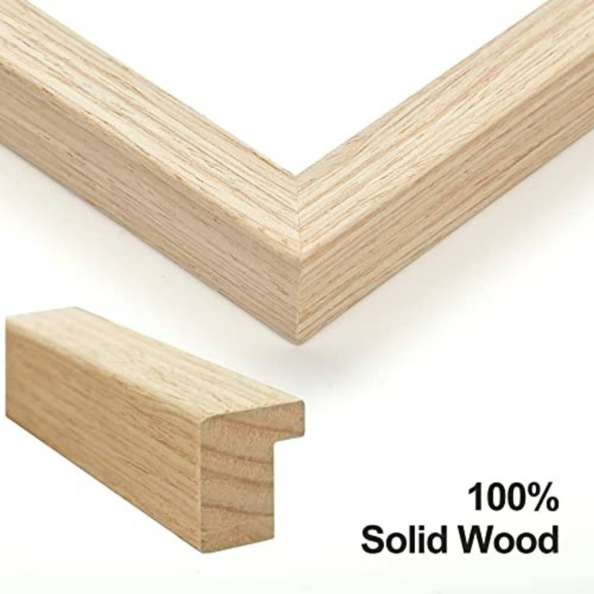 Solid wood light oak picture frame corner and side profile