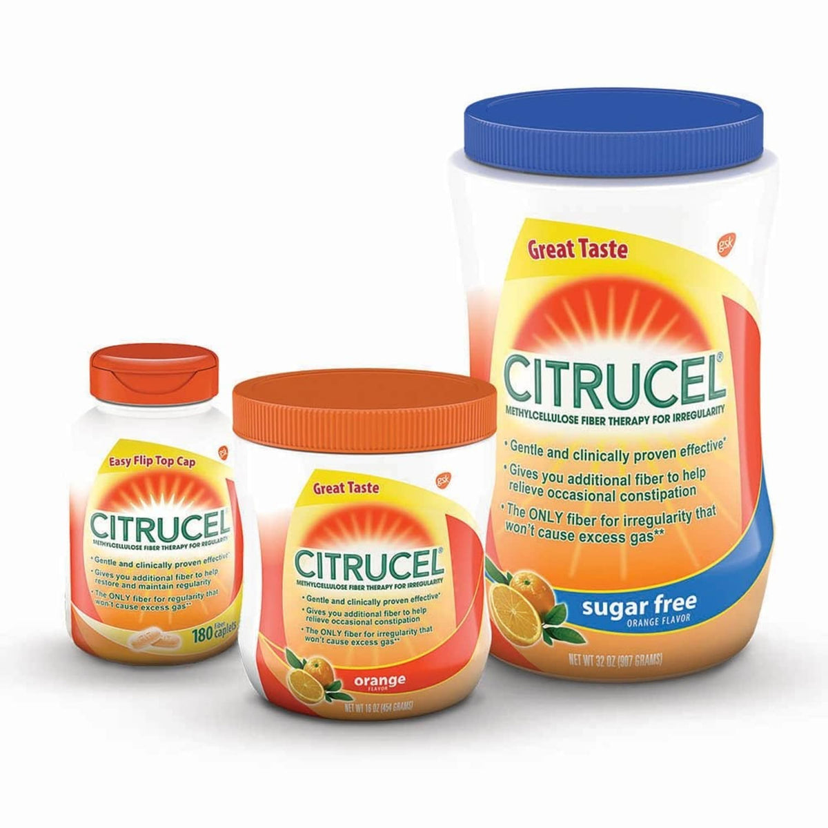 Citrucel orange flavor fiber jars and bottle containers, multiple sizes shown