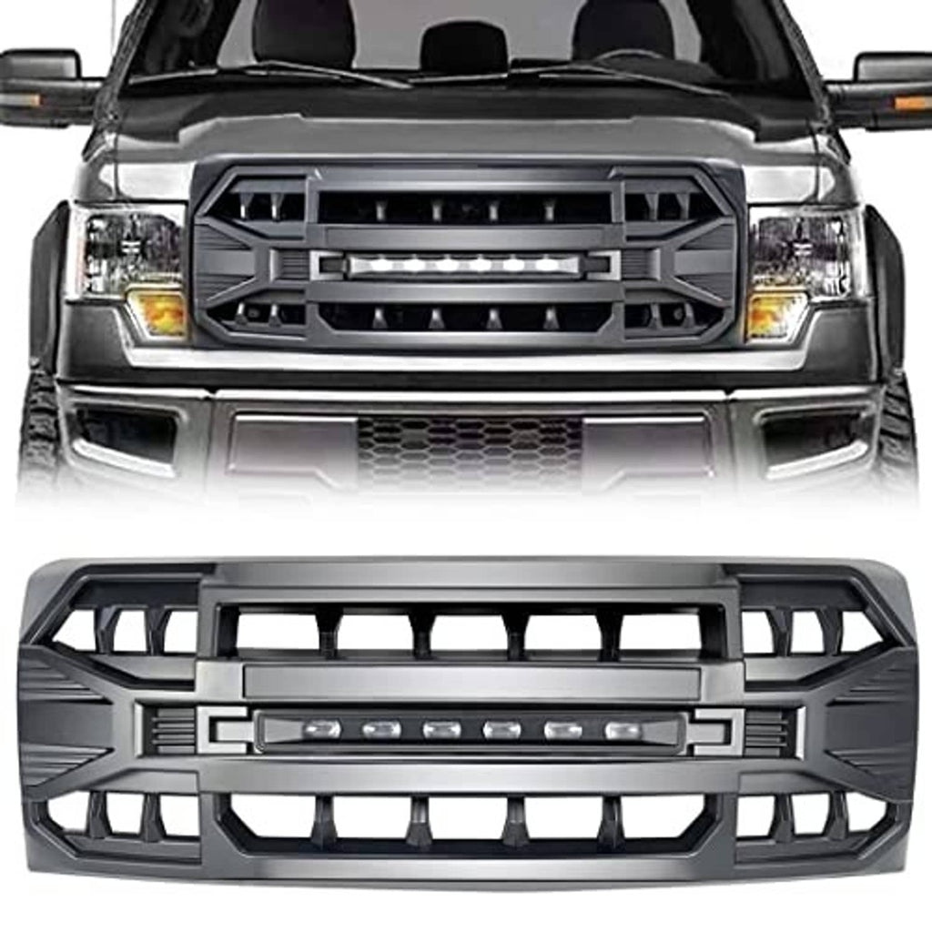 Matte black front grille with LED light bar and rugged mesh-style openings