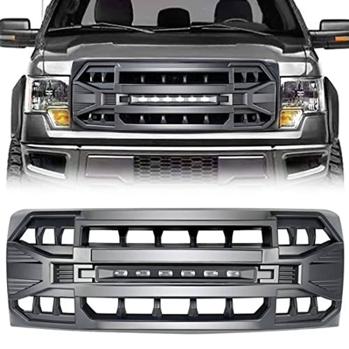 Matte black front grille with LED light bar and rugged mesh-style openings