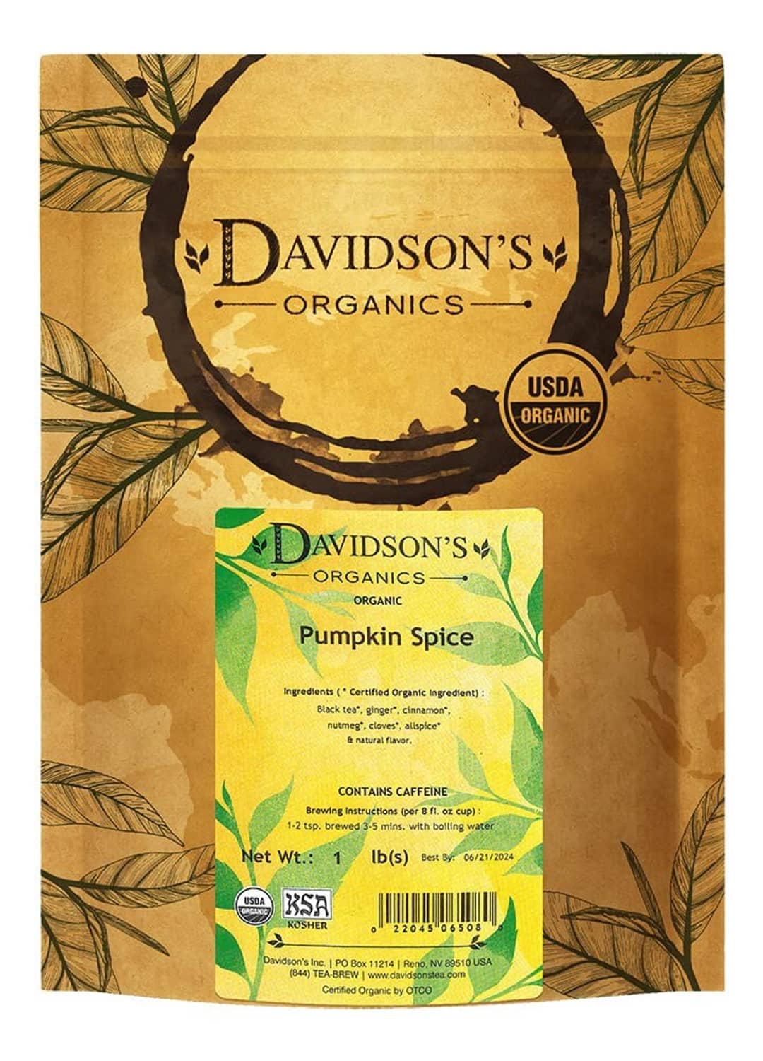 Organic pumpkin spice black tea pouch, brown kraft bag with label
