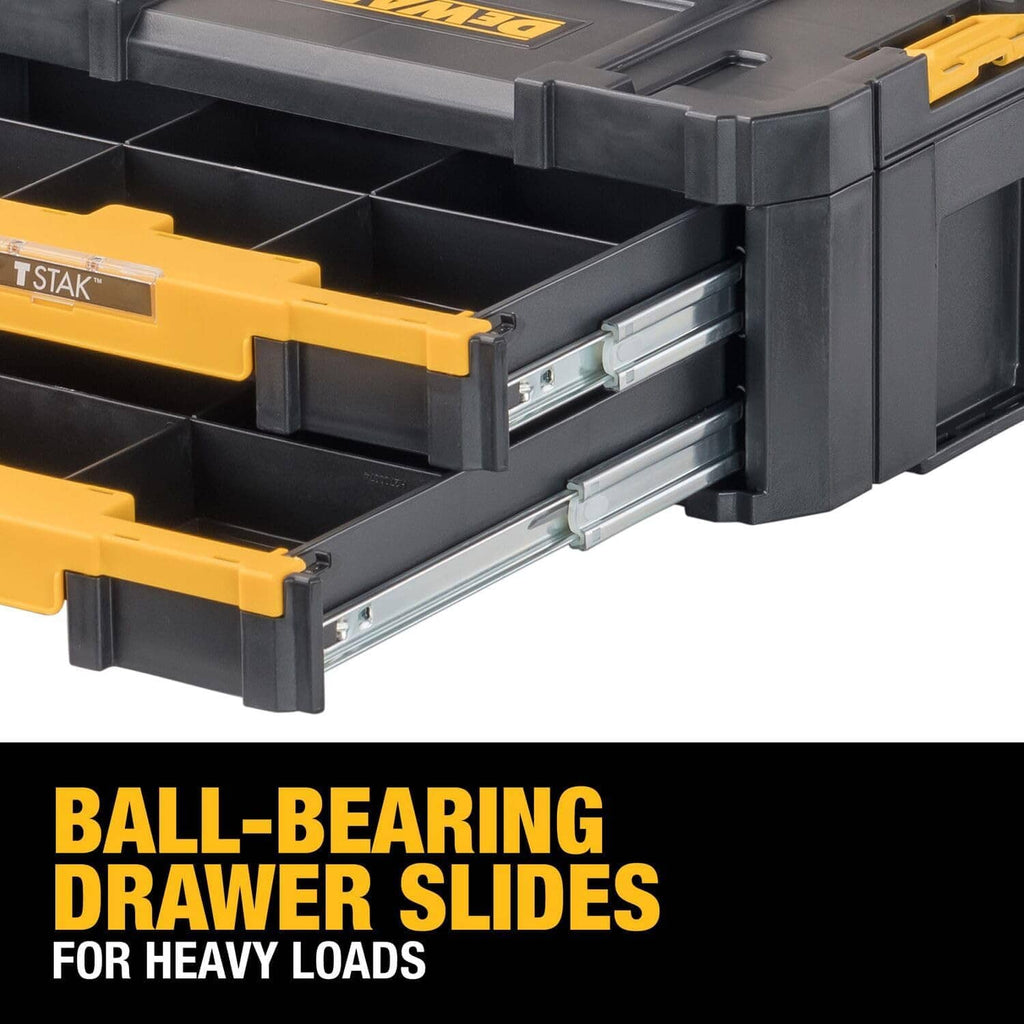 DEWALT TSTAK open drawer tool organizer with metal side rails, gray and yellow