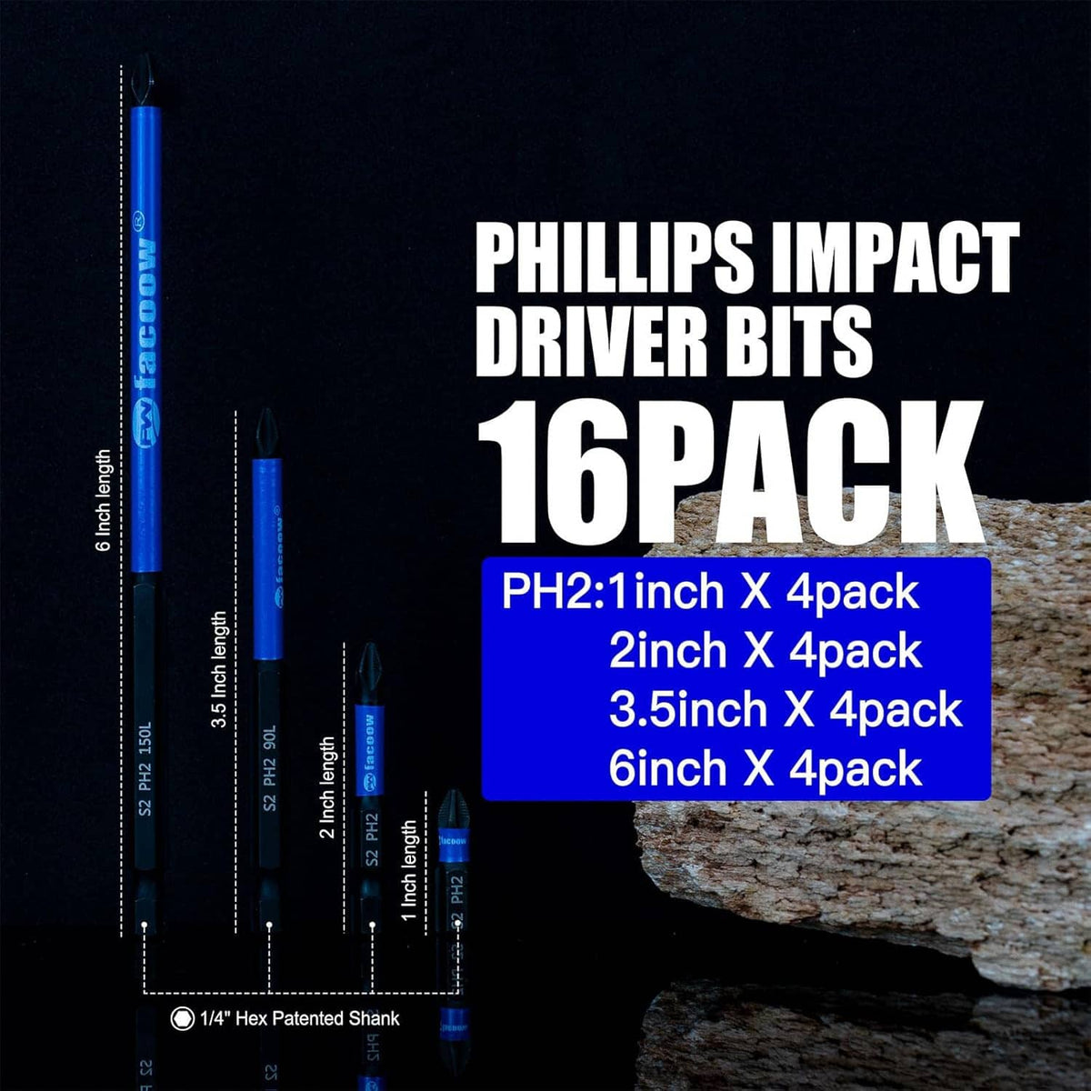 Phillips impact driver bits set with blue shafts and PH2 ends in multiple lengths