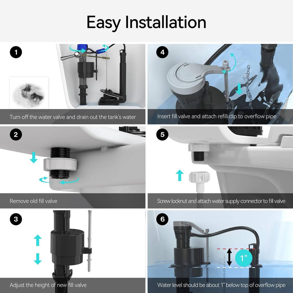 Toilet fill valve installation sequence with drain-off and water-supply connection steps