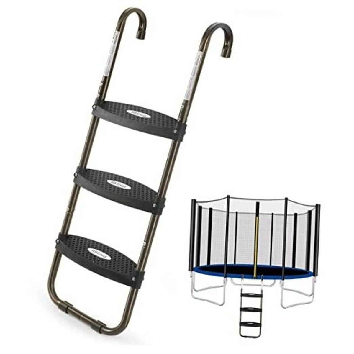 Trampoline ladder with three wide, skid-proof steps and curved handrails