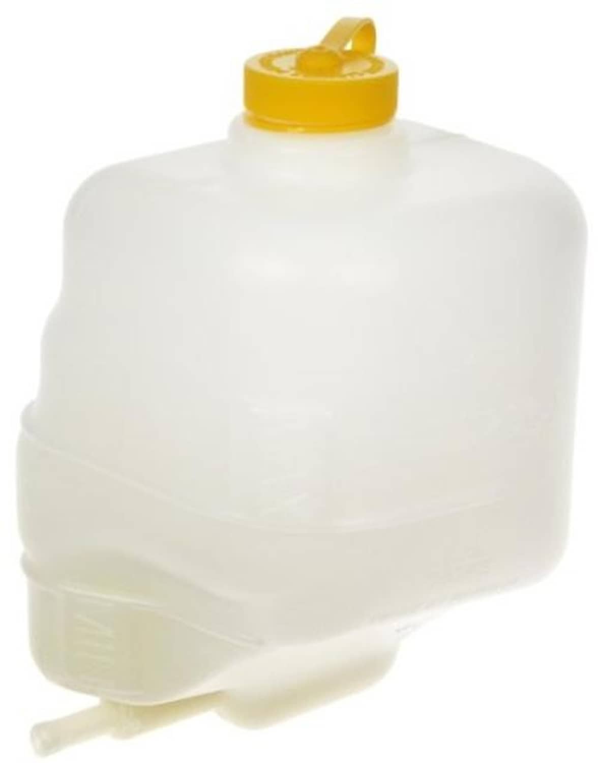 Coolant reservoir with yellow screw cap and molded body, angled front view