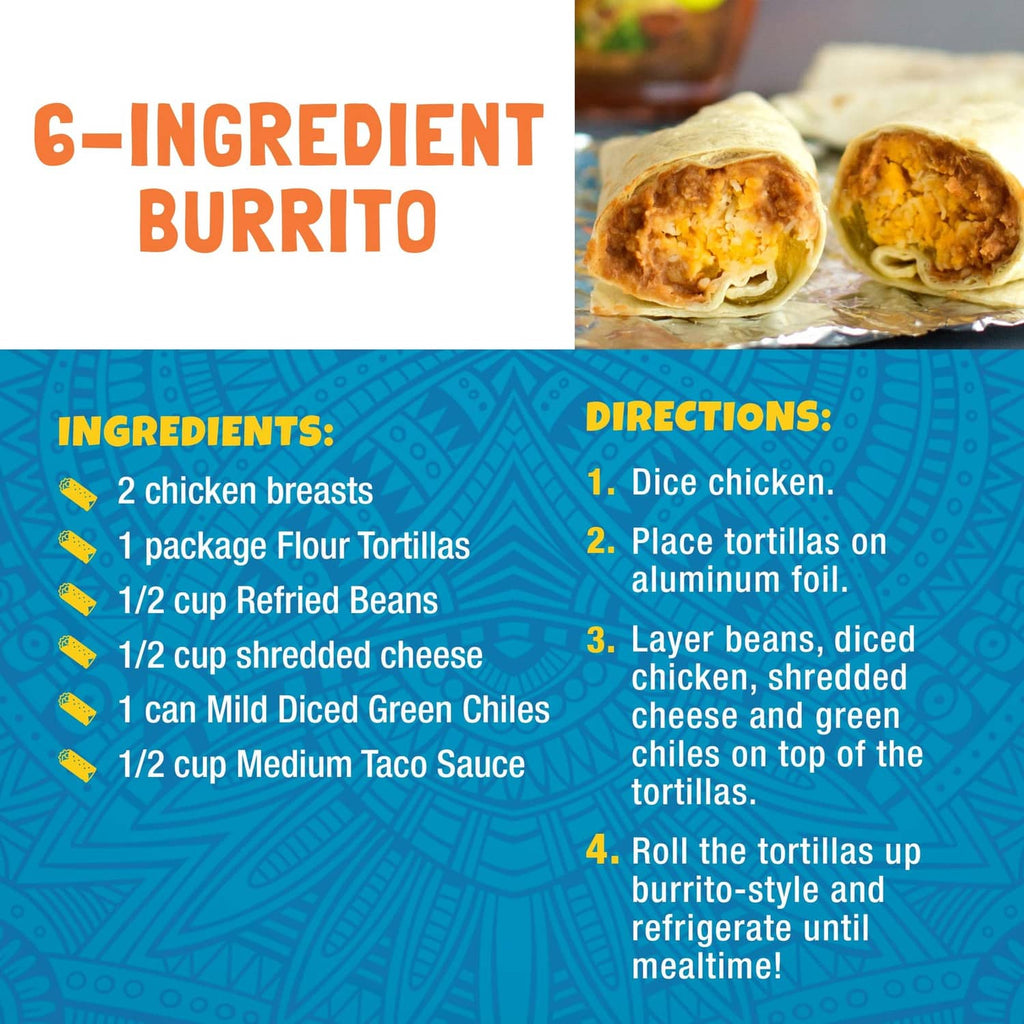 Mild taco sauce recipe graphic with burritos and ingredients/directions layout