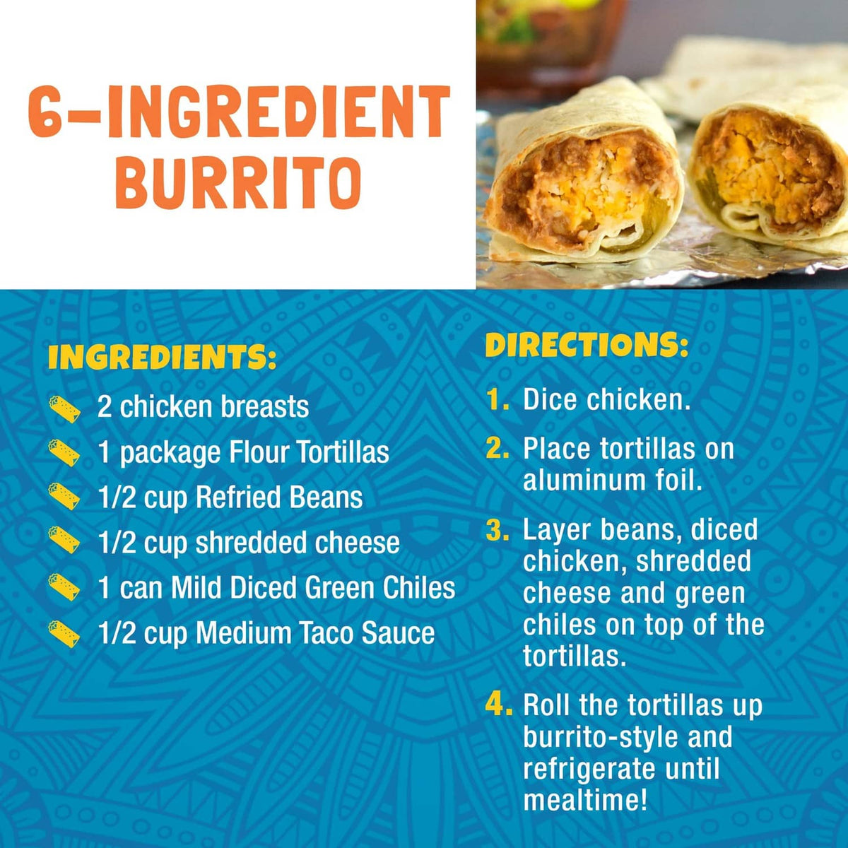Mild taco sauce recipe graphic with burritos and ingredients/directions layout
