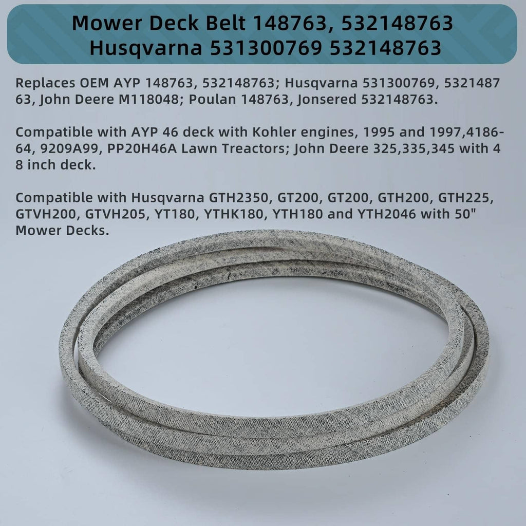 Mower deck belt for 85 inch length, gray speckled belt loop on display