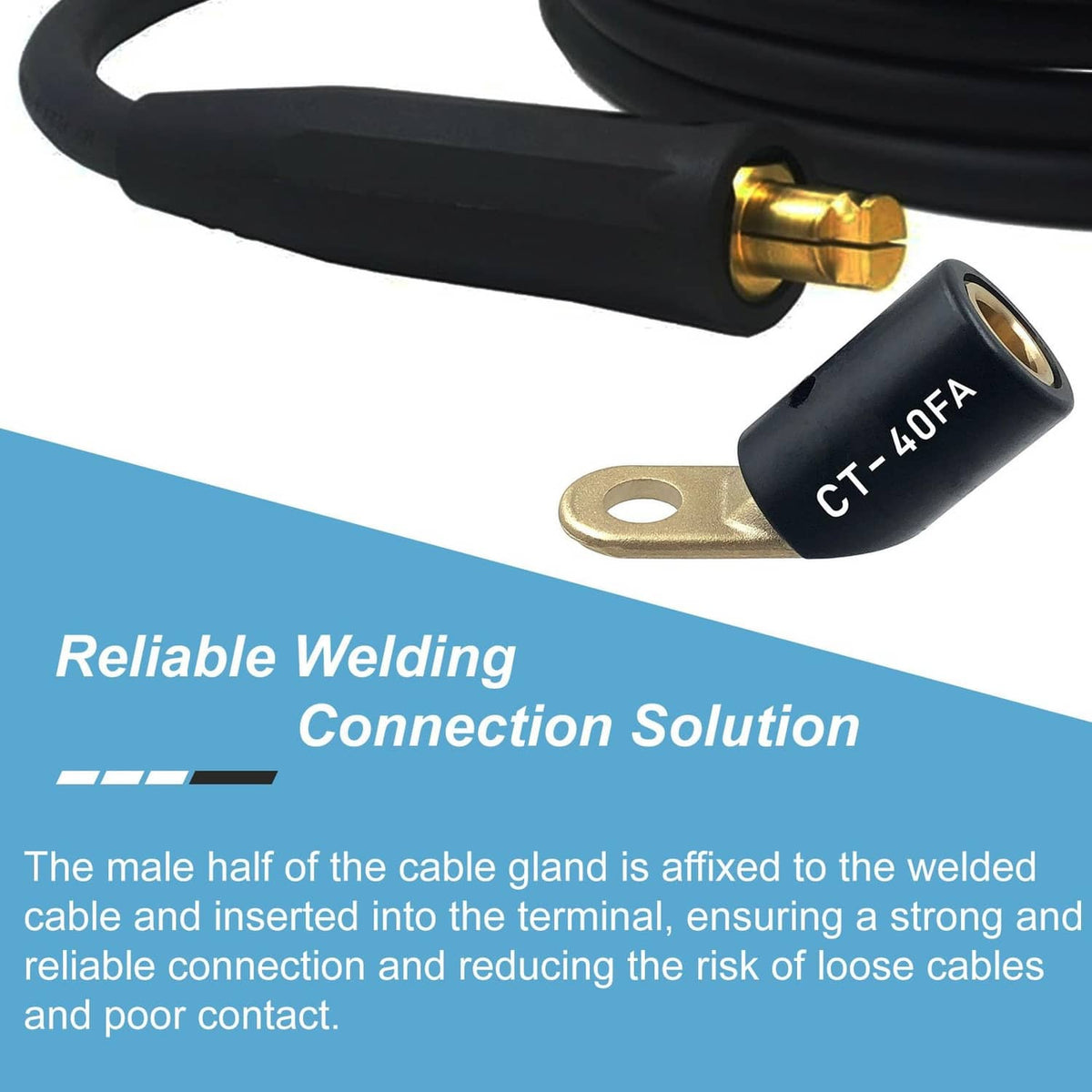 CT-40FA welding terminal with black sleeve and brass threaded insert on a ring lug