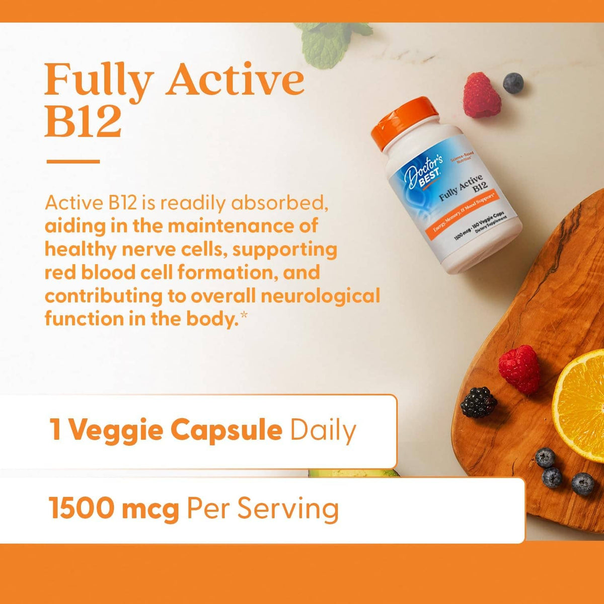 Fully Active B12 supplement bottle with 1 veggie capsule daily, 1500 mcg