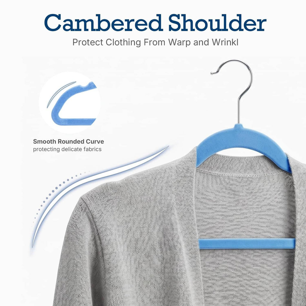 Blue velvet hanger with curved shoulders and metal hook, holding a shirt