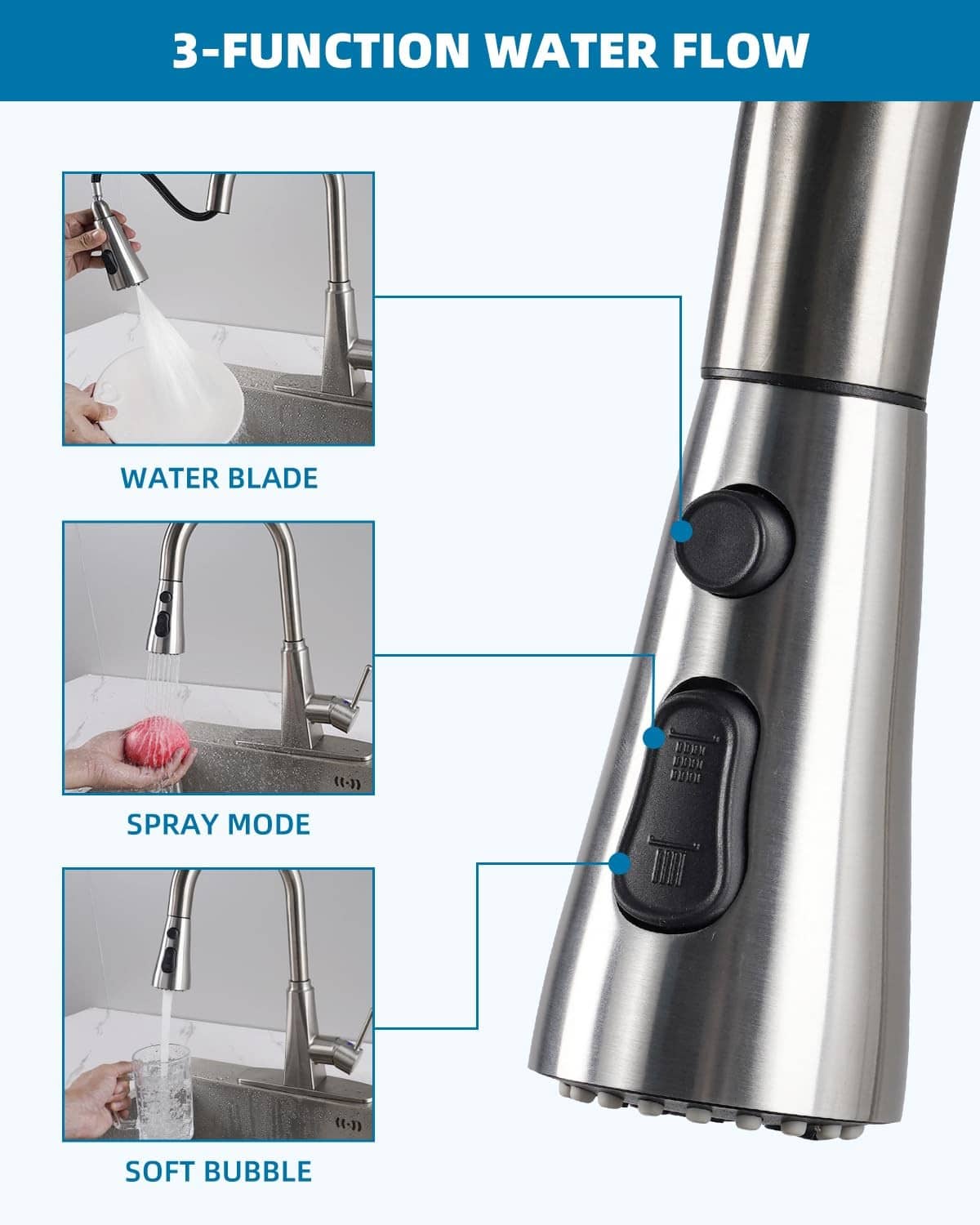 Stainless faucet head with side mode switch and three spray pattern settings