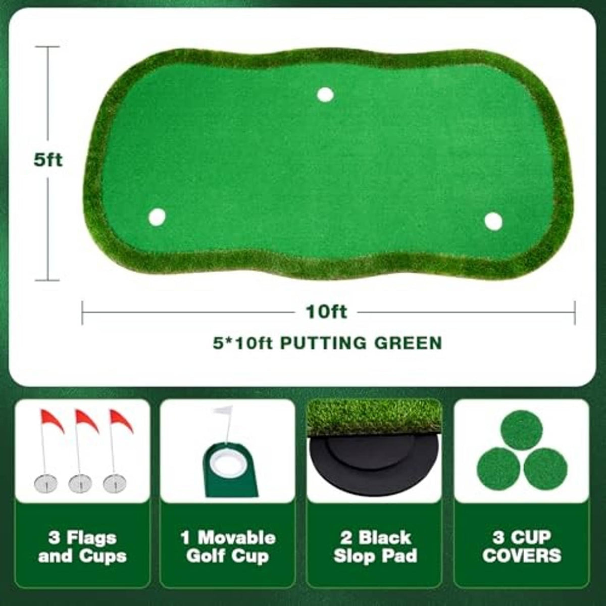 5x10 ft artificial putting green layout with three holes and included cup covers
