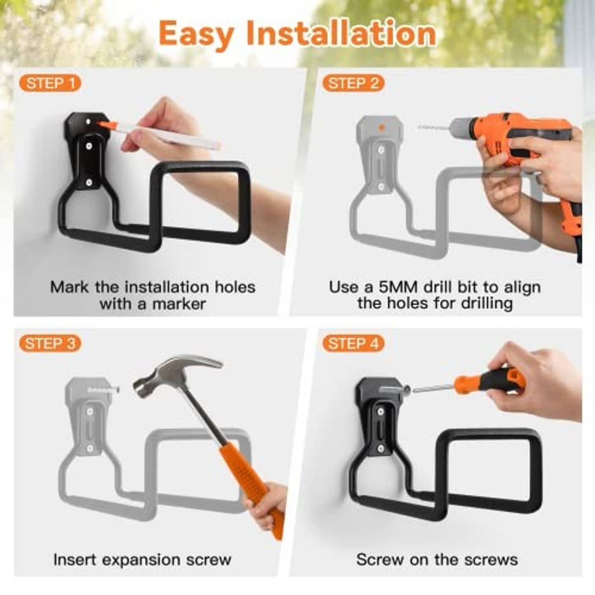 Black wall hose holder bracket with screws and expansion anchors for installation