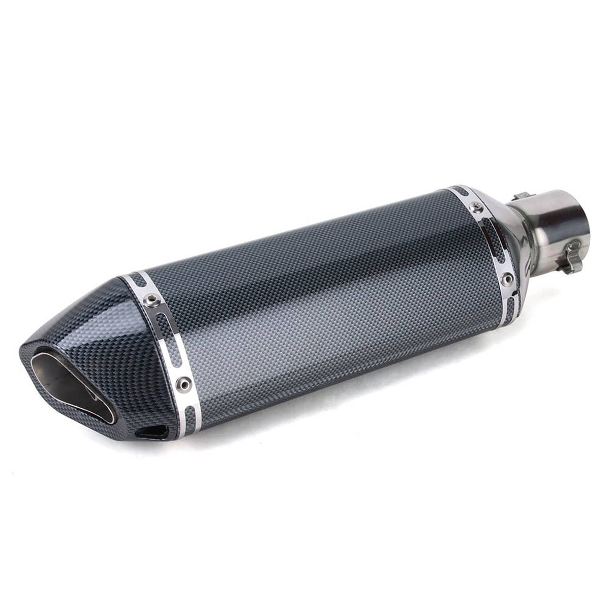 Exhaust muffler with carbon-fiber sleeve, clamping bands, and round slanted inlet opening
