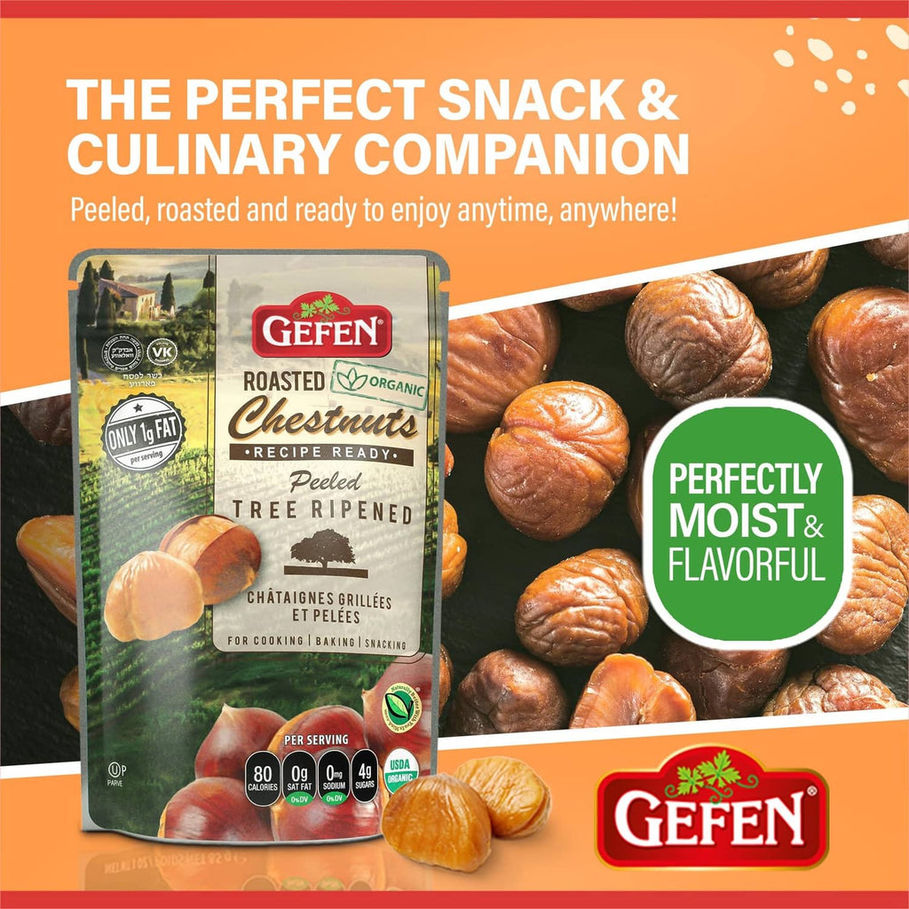 Roasted organic chestnuts stand-up pouch with chestnut halves on the package
