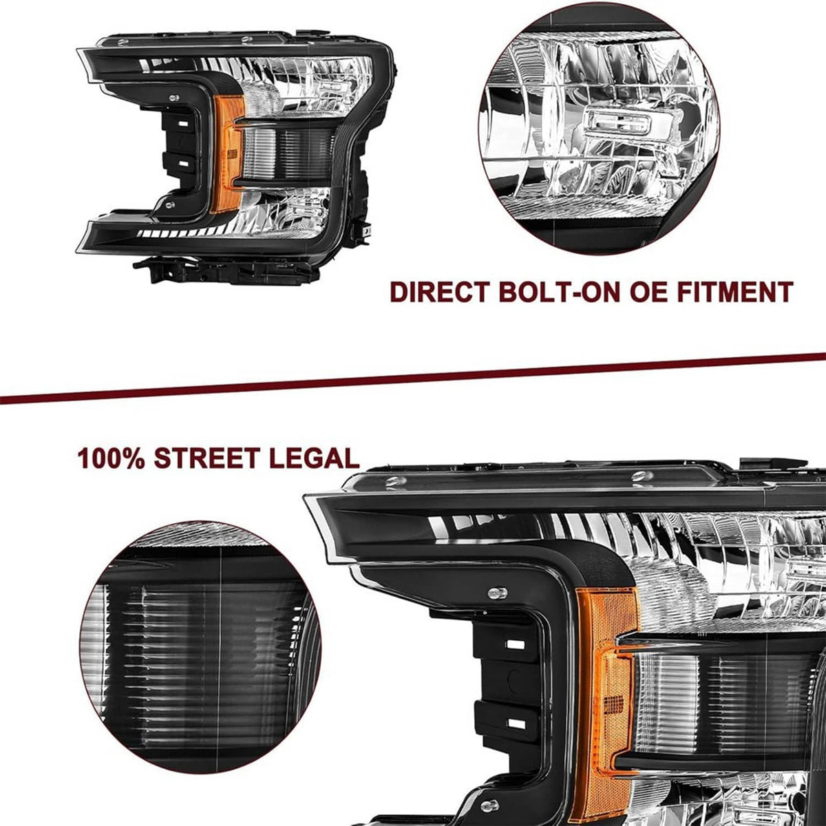 Black halogen headlight with clear lens and amber turn signal bezel, compact detail view