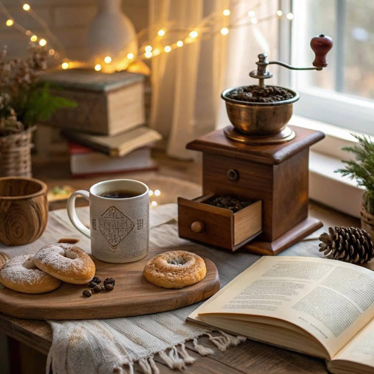 Decaf dark roast coffee in mug on tray with pastries, grinder, and open book