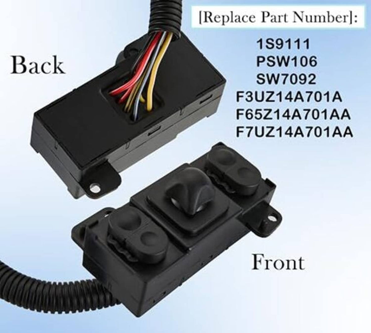Black power seat tilt switch module, front and back views with wire harness