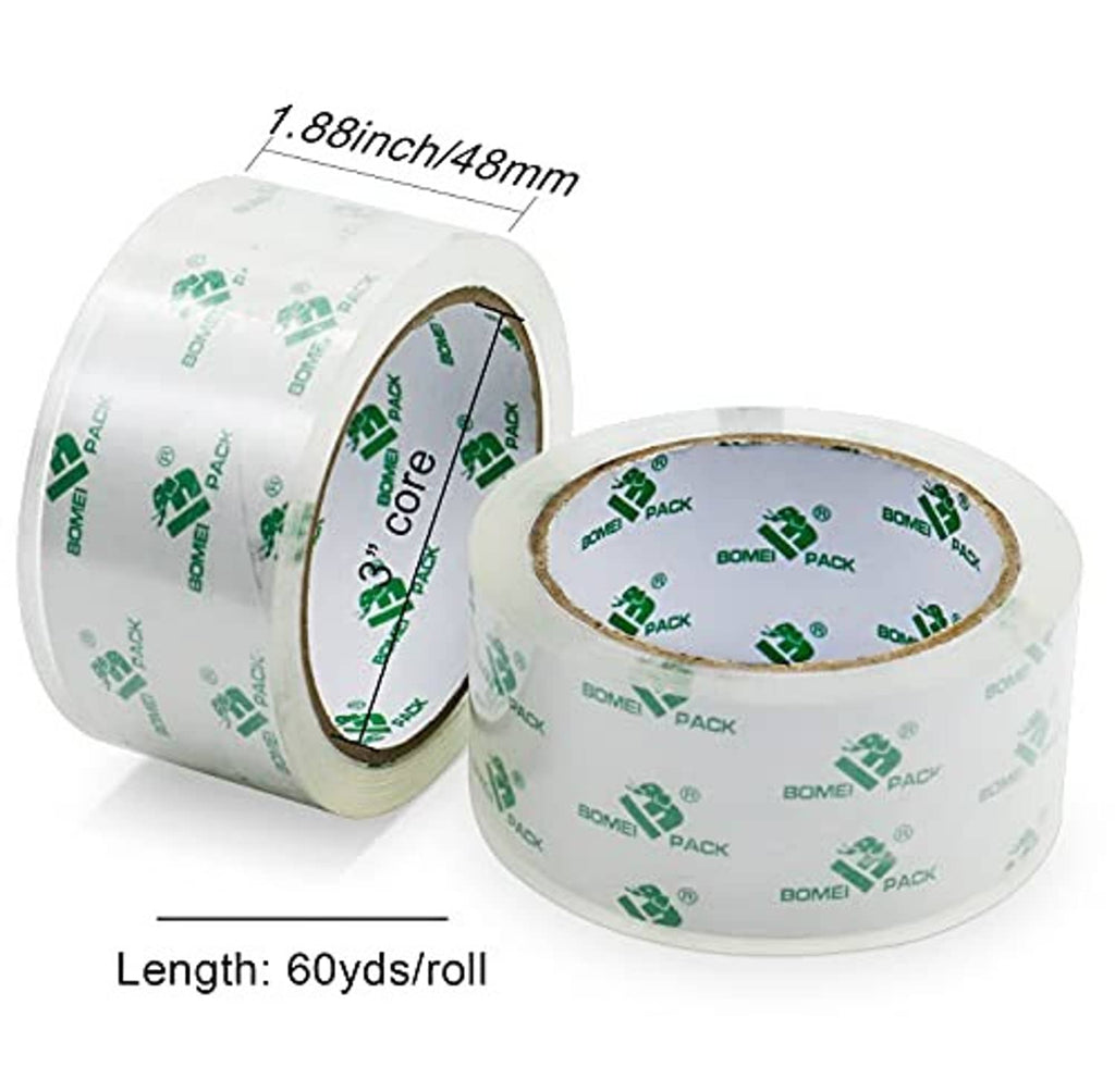 Clear packing tape rolls with green logo printing, showing roll width 48 mm