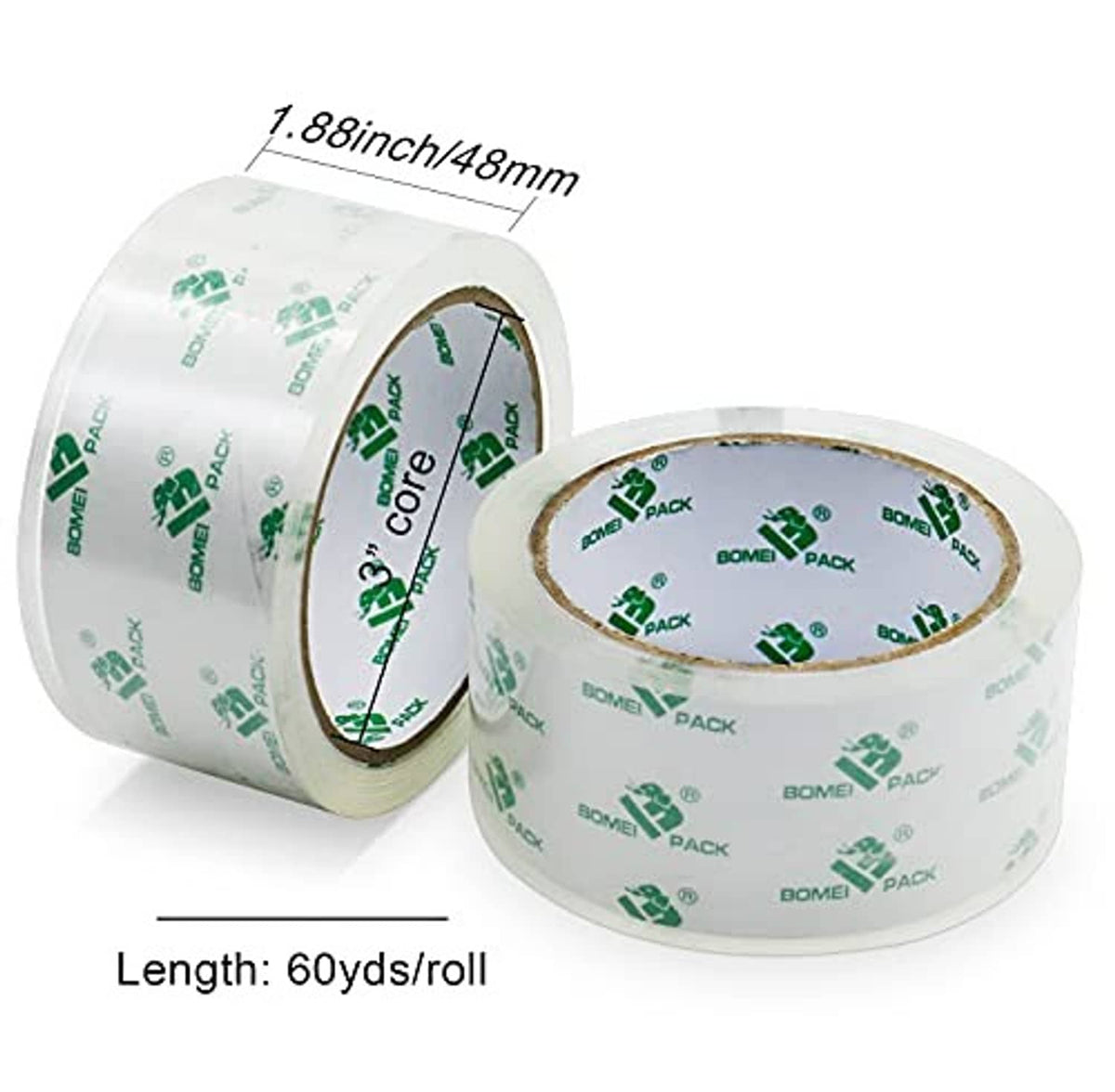 Clear packing tape rolls with green logo printing, showing roll width 48 mm