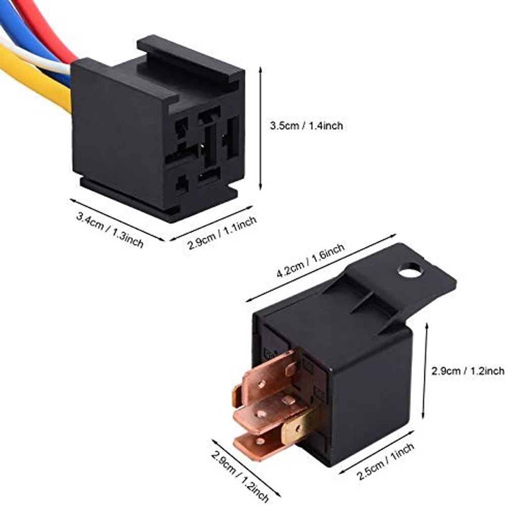 Black 5-pin relay with mounting hole, multi-color wire harness, and size measurement marks
