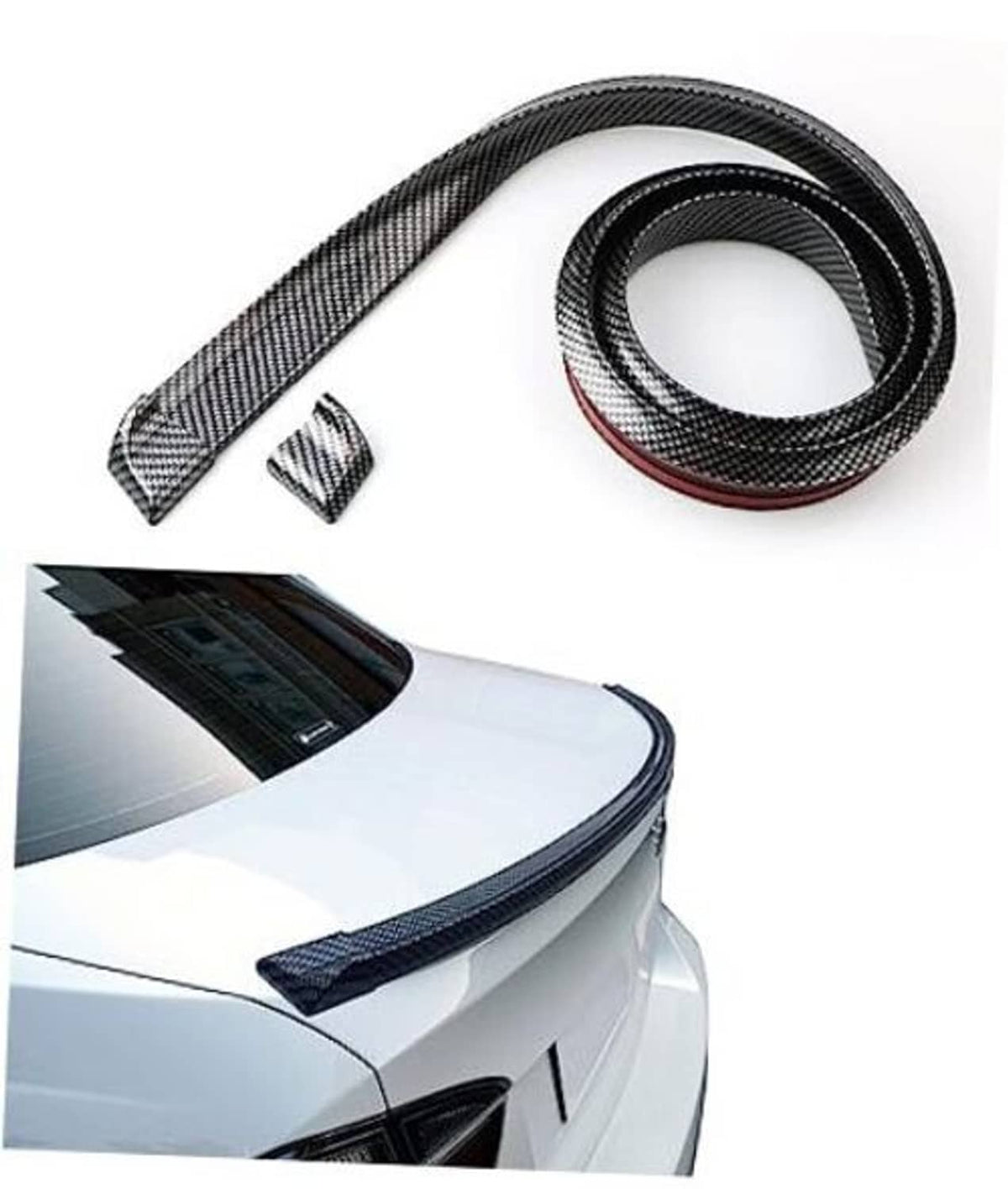 Car rear spoiler kit with carbon-fiber PU trim, curved edge, and matching clips