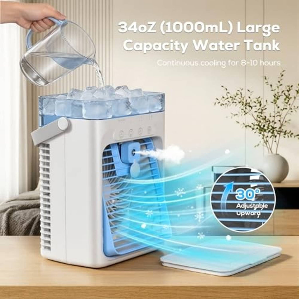 Portable evaporative air cooler with large water tank and top handle, blue ice tray.