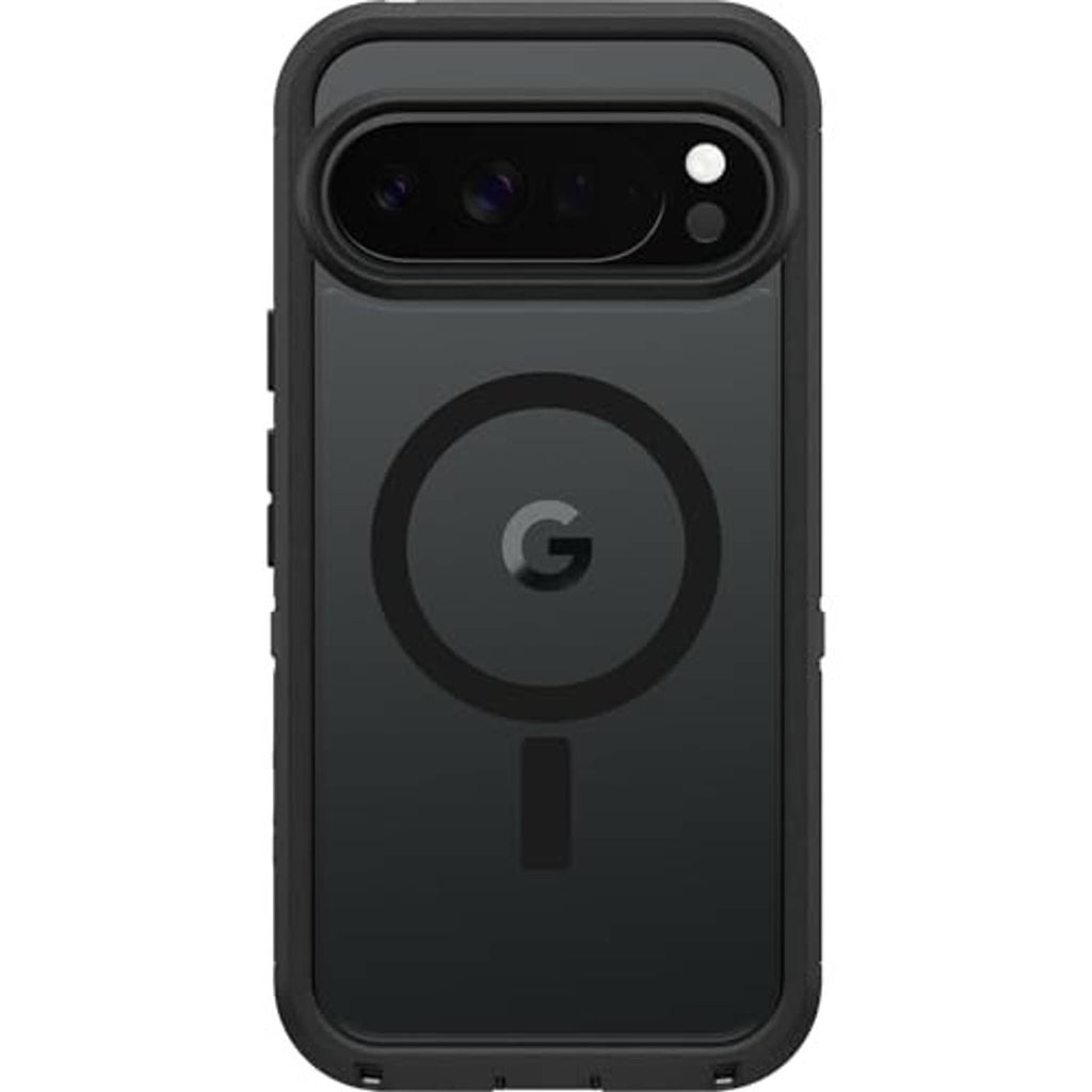 Dark black phone case with round G-style emblem and raised lens frame for Pixel 10 Pro XL.