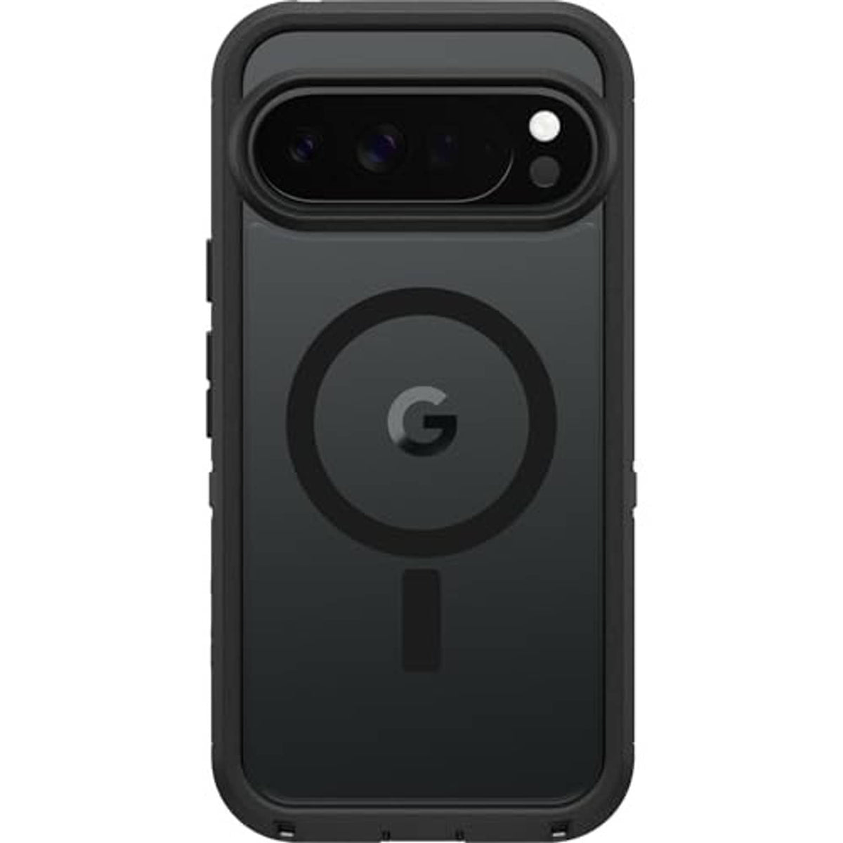 Dark black phone case with round G-style emblem and raised lens frame for Pixel 10 Pro XL.