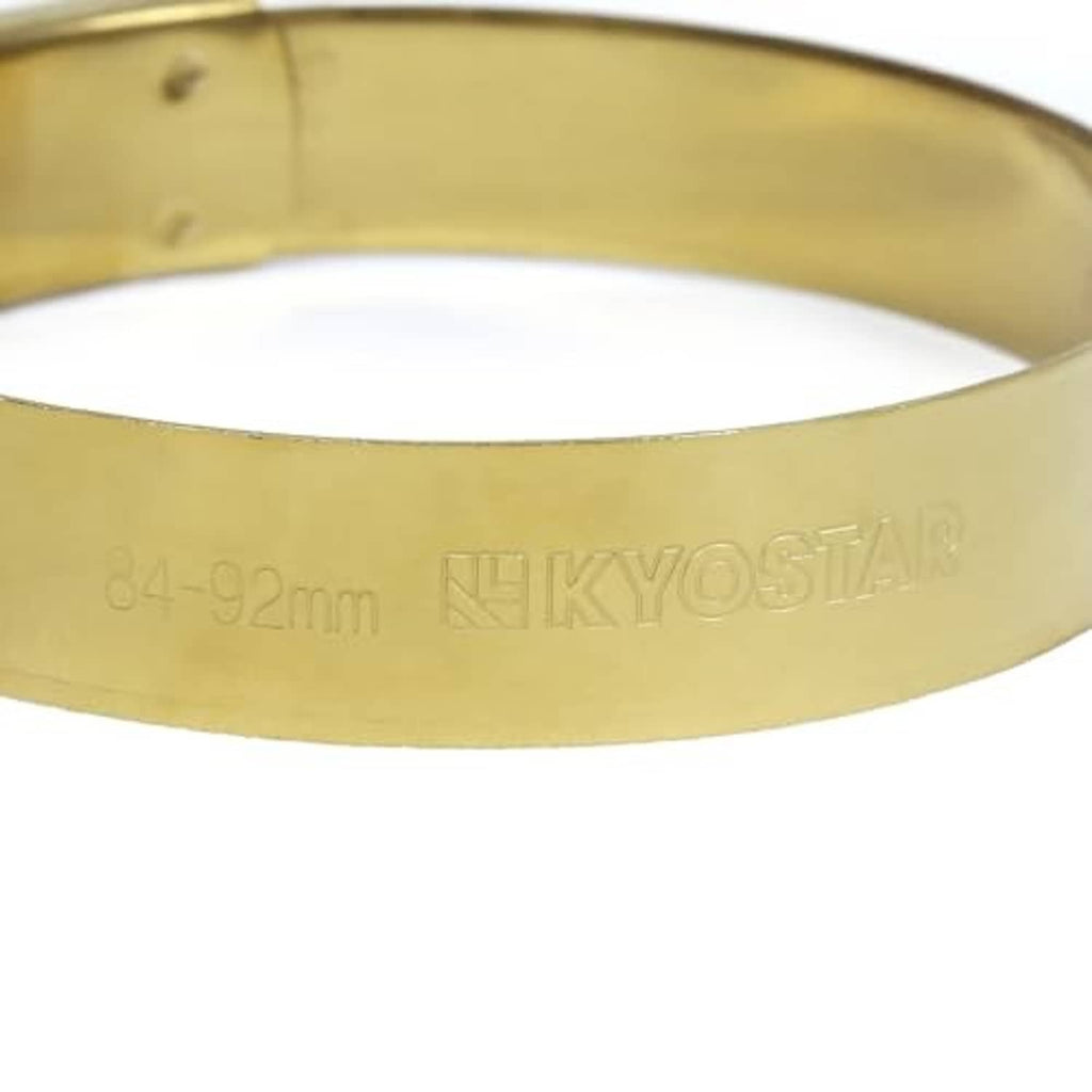Close-up of gold T-bolt hose clamp band with stamped size markings.