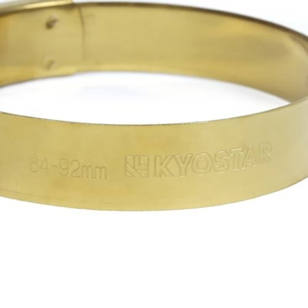 Close-up of gold T-bolt hose clamp band with stamped size markings.