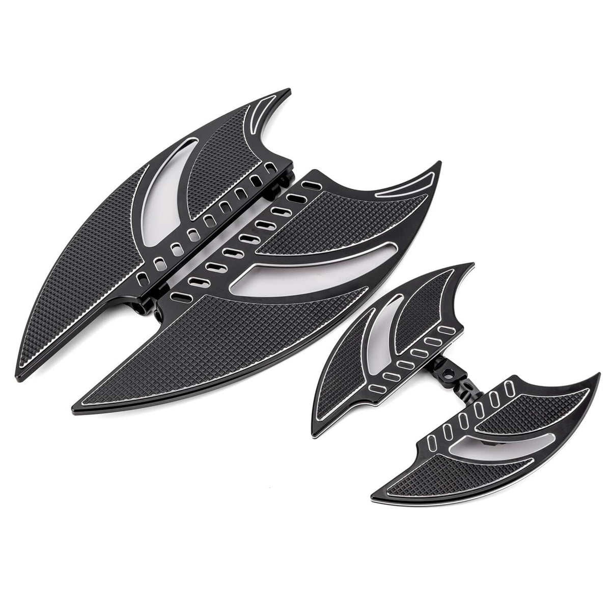 Black textured motorcycle floorboard set with silver inlays and mounting brackets