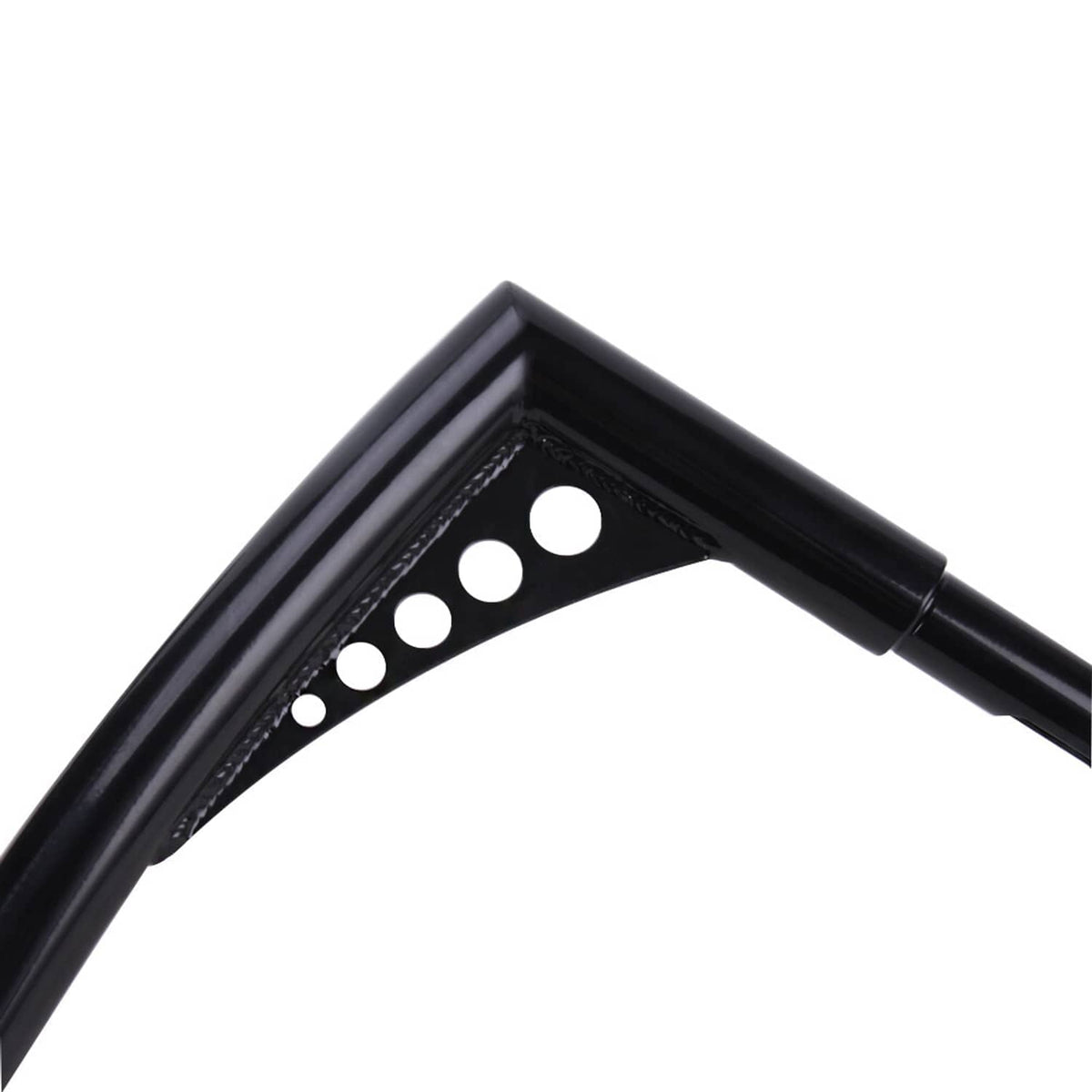 Black ape hanger handlebar riser with circular perforations near the bend