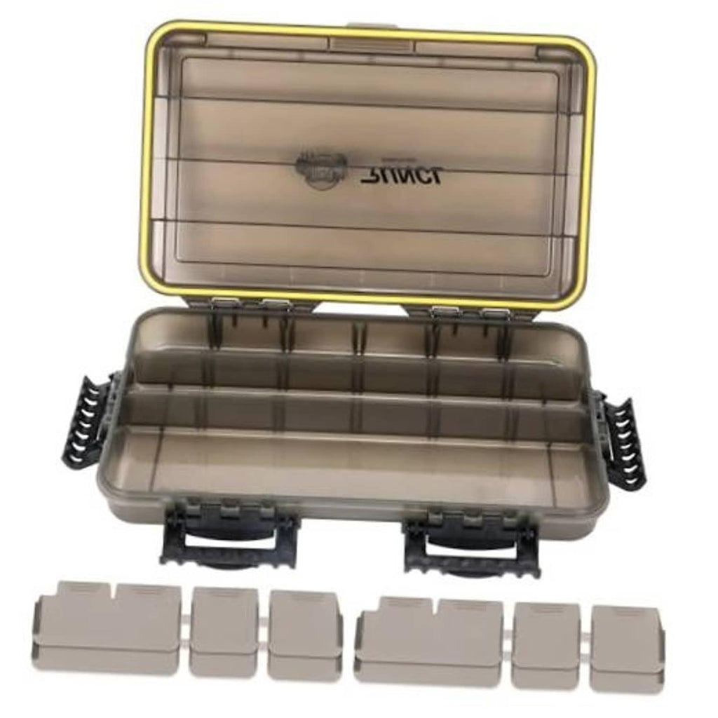 Waterproof fishing tackle box with open hinged lid and gray divider inserts