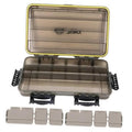 Waterproof fishing tackle box with open hinged lid and gray divider inserts