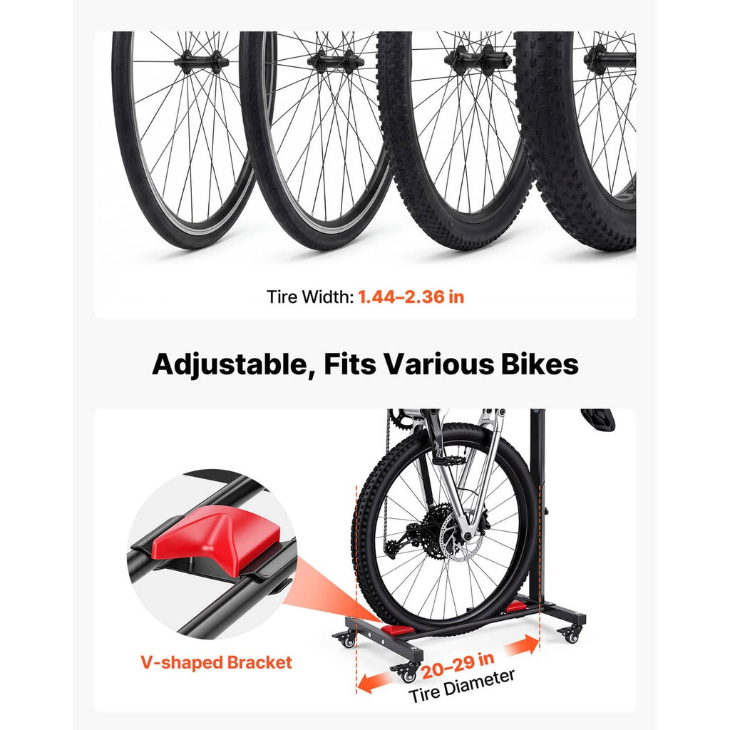 Bike stand bracket with red V-shaped support for tires, black frame construction