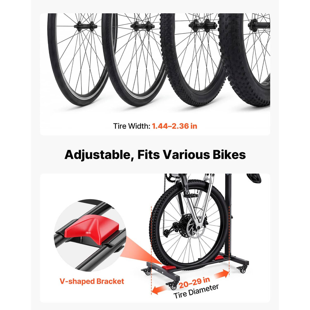 Bike stand bracket with red V-shaped support for tires, black frame construction