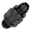 Black one-way check valve fitting with external threads and directional flow arrow