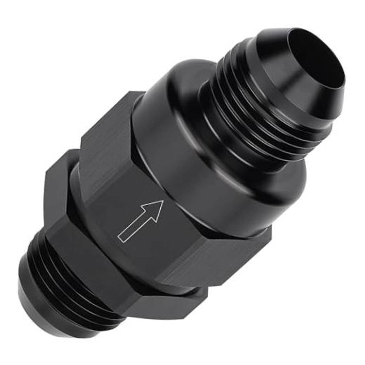 Black one-way check valve fitting with external threads and directional flow arrow