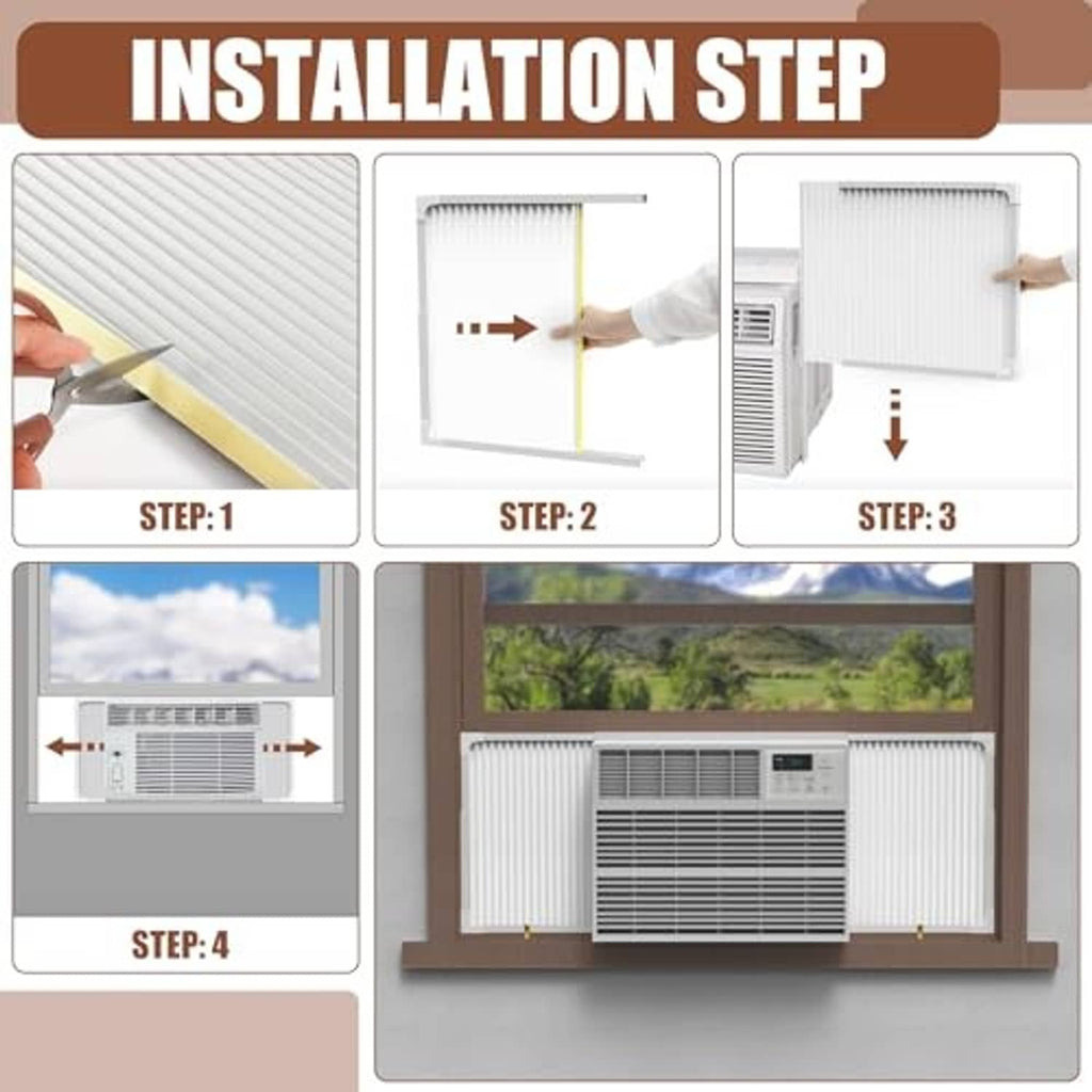White window AC side panels installation guide with step-by-step mounting and sealing