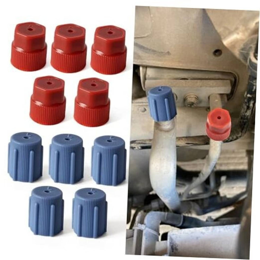Air conditioning service port caps set: red and blue ribbed plastic caps with center hole.