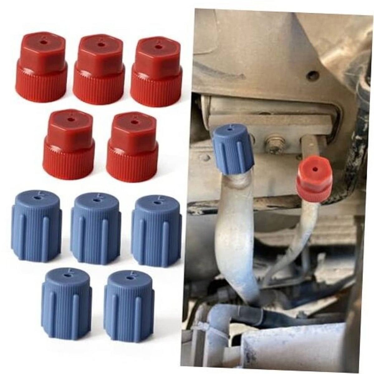Air conditioning service port caps set: red and blue ribbed plastic caps with center hole.