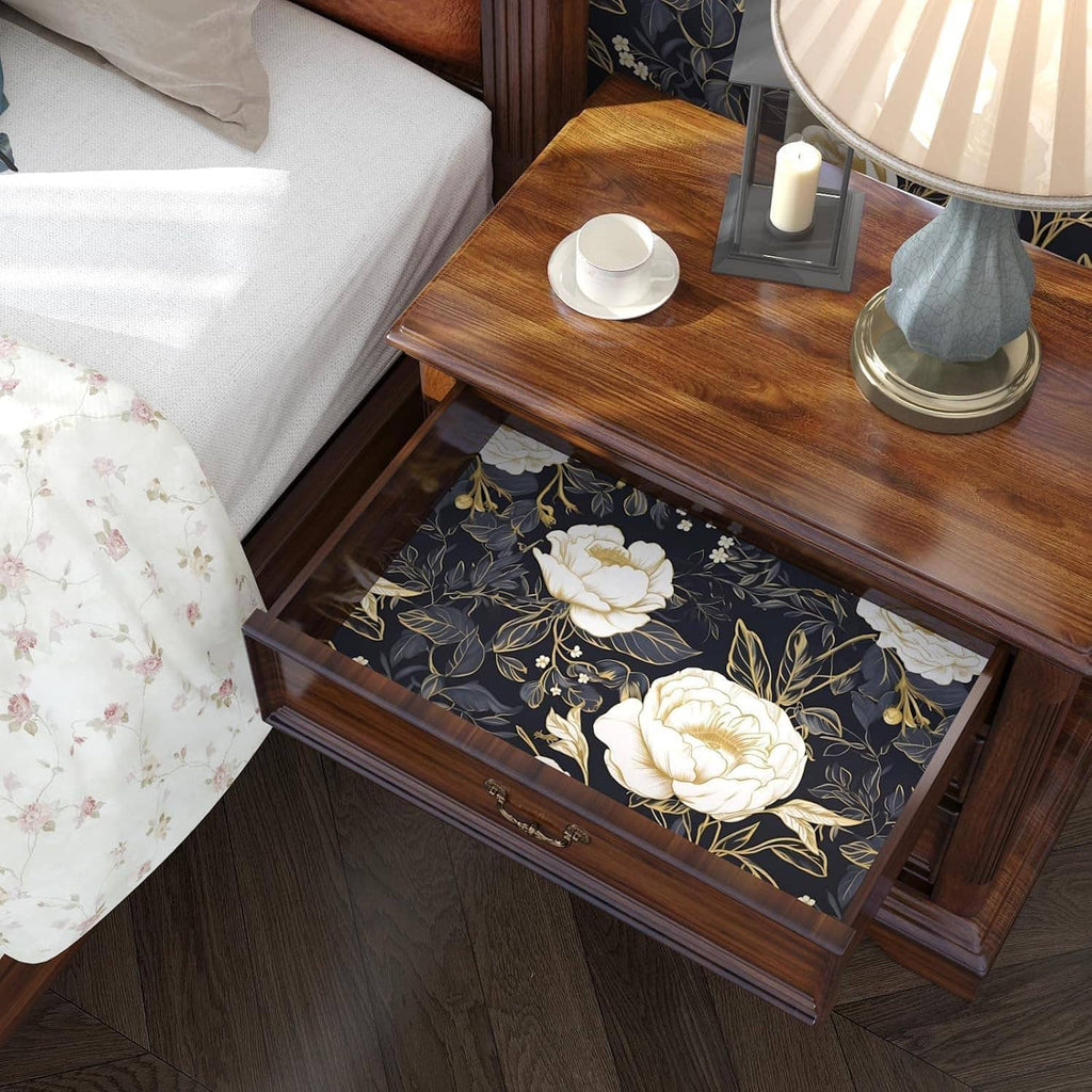 Peel-and-stick floral contact paper liner with white peonies and gold vines on dark blue