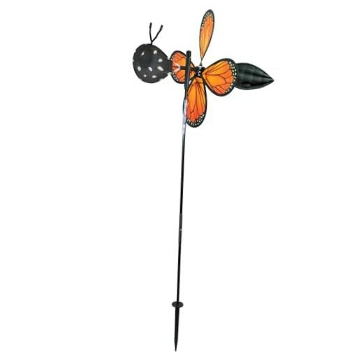 Pivoting wind spinner with orange-and-black butterfly on a metal stake