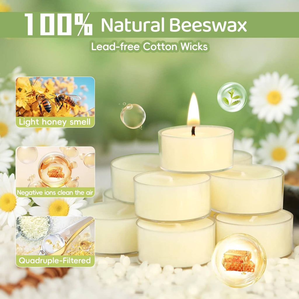 Cream beeswax tea light candles with cotton wicks, several flames visible