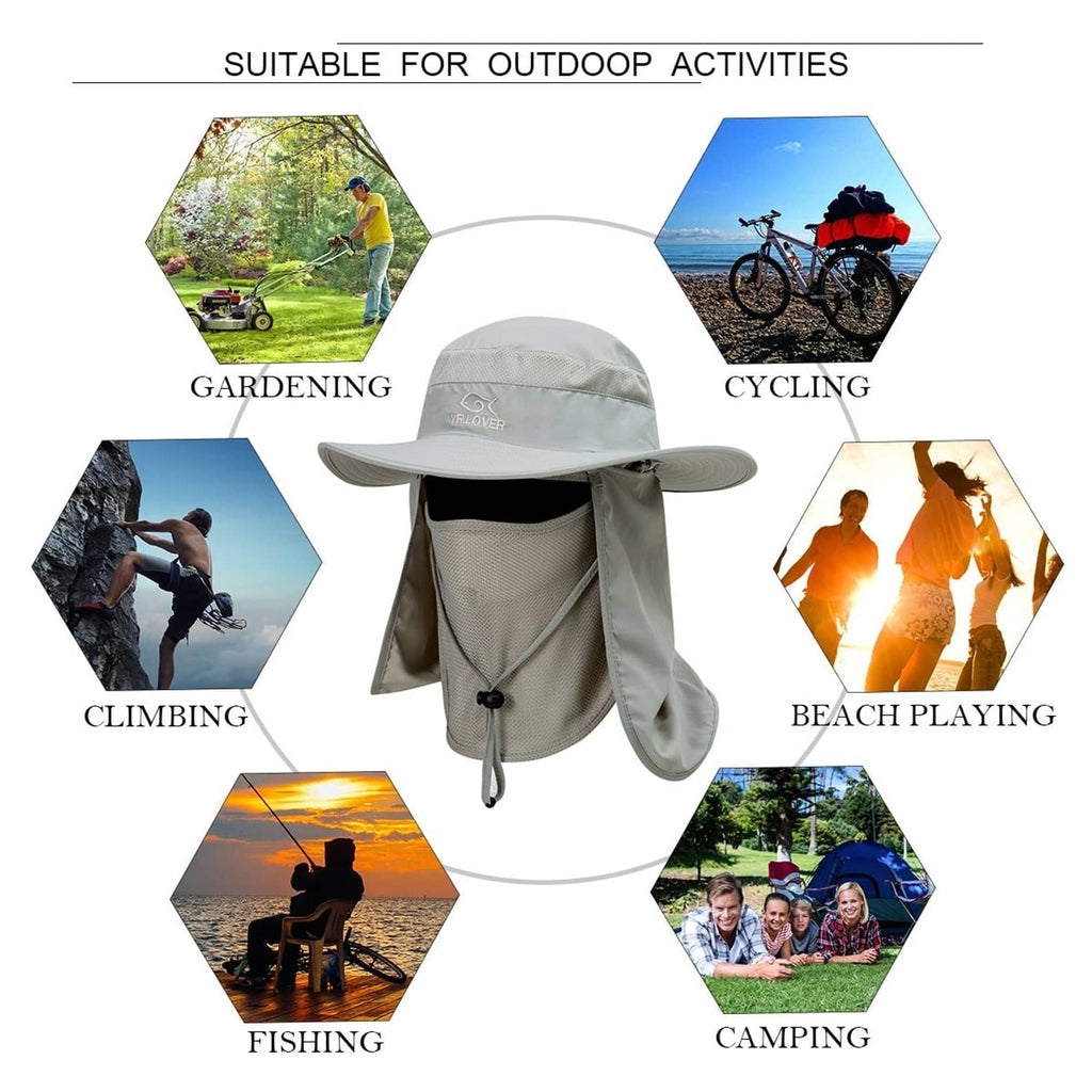 Wide-brim fishing cap with chin tie and extended neck coverage for outdoor activities