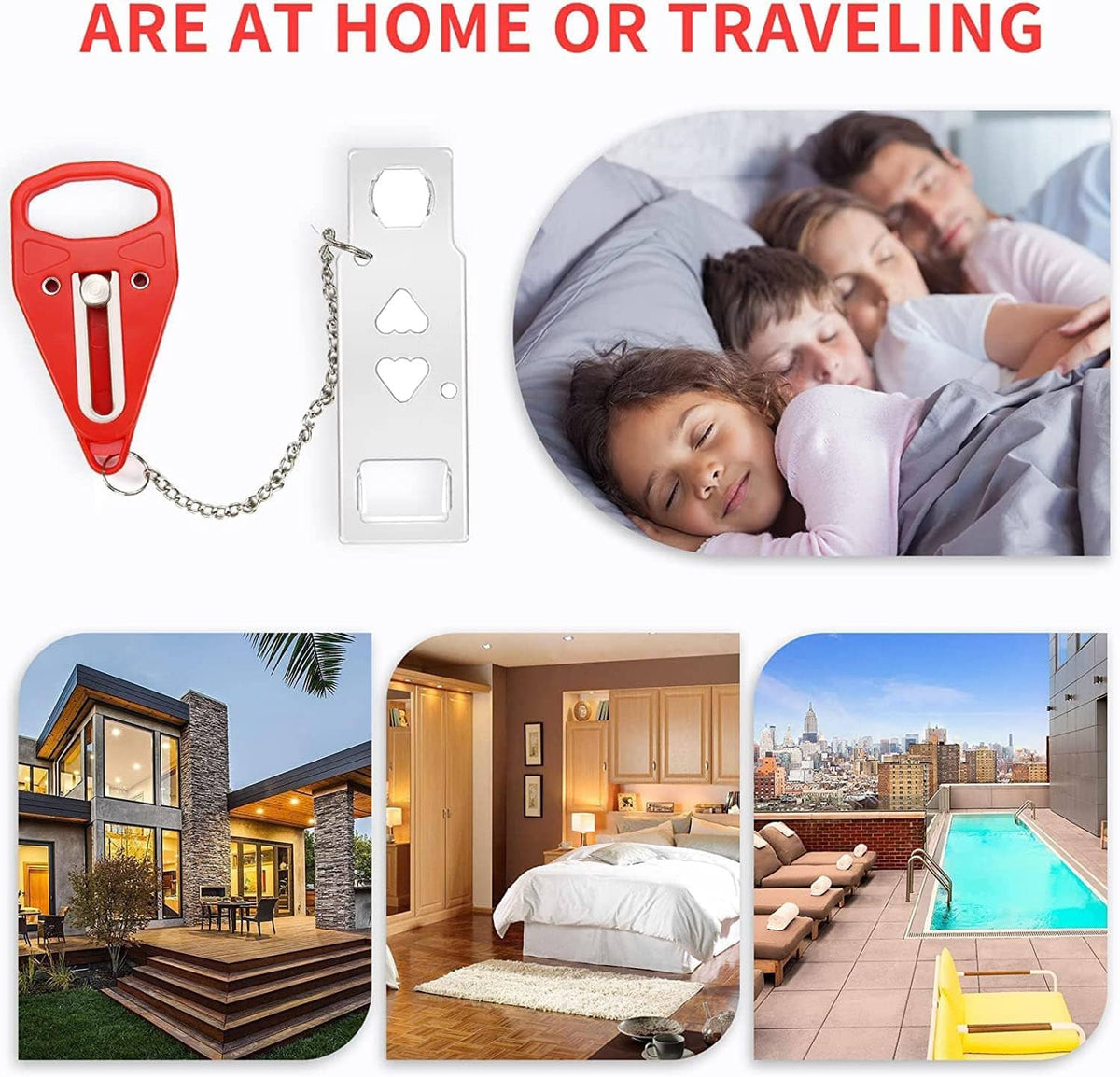 Portable door safety lock kit with red tool, white plate, and chain for traveling