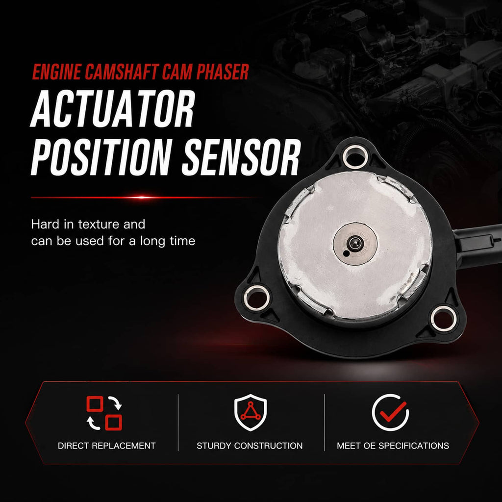 Camshaft phaser actuator position sensor with black housing and round silver cover
